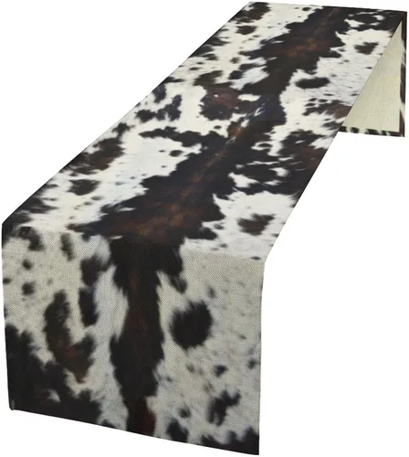 Vista 38 de Camino de mesa con estampado de piel de vaca, lino y algodón, rústico, estilo occidental, color negro, marrón, piel de vaca, para decoración