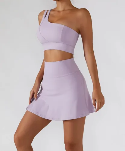 Vista 4 de Faldas de tenis para mujer, conjunto de brasier deportivo de cintura alta, falda de golf, un hombro, brasier deportivo para correr, entrenamiento