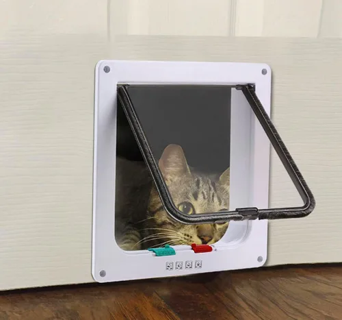 Vista 6 de Xiaoyu Puerta y solapas interiores para perros y gatos, con 4 vías, color marrón, grande