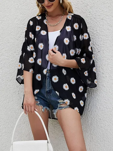 Vista 2 de Chunoy Cárdigan estilo kimono de gasa para mujer, ligero, con estampado floral, holgado, de manga corta, salida de baño, blusa para la playa