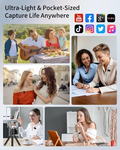 Vista 6 de Micrófono Lavalier inalámbrico para iPhone: micrófono JXJXQU con reducción de ruido inteligente, efecto de reverberación, batería de 30 H+, diseño