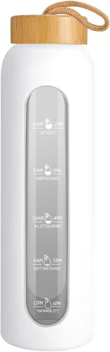 Vista 9 de Sursip Botella de agua de vidrio de 32 onzas, marcador de tiempo con funda y tapa de silicona Botella motivacional de 1 litro sin BPA, a prueba