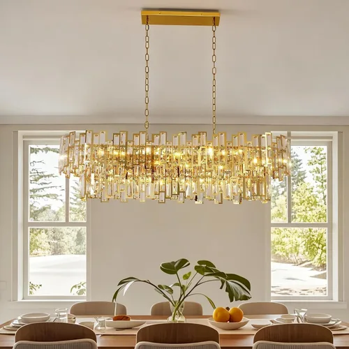 Vista 12 de L37.4 '' Candelabros de cristal modernos para comedor 11 luces de lujo rectangular de lujo dorado ovalado cristal colgante lámpara de techo