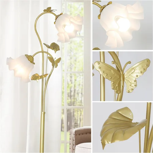 Vista 4 de HMVPL Lámpara de pie dorada para sala de estar, lámpara de pie de flor con 2 bombillas LED de 5 W, interruptor de pie, lámpara alta floral