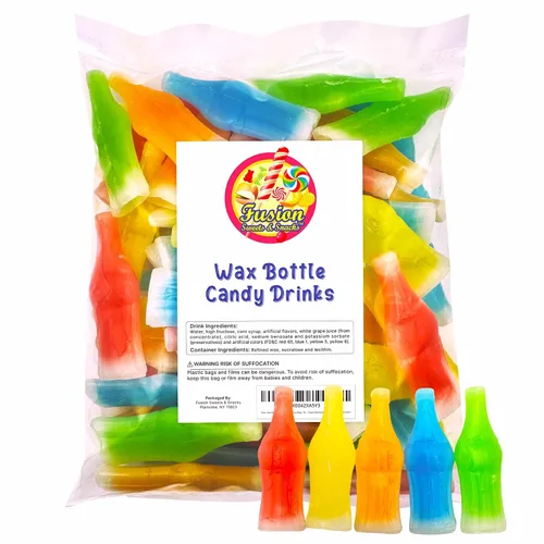 Vista 3 de Dulces de Botellas de Cera con Bebidas, Bolsa de 1/2 (media) Libra - Botellas de Dulce de Cera Retro, Rellenas de Líquido - Dulce Nip de Jugo
