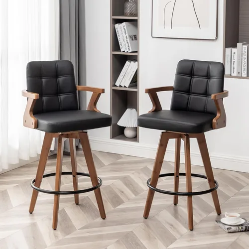 Vista 12 de MEKLIBA Taburetes de bar de 26” de altura de mostrador, Silla de bar tapizada en cuero, Taburetes giratorios con respaldo y brazos, Juego moderno