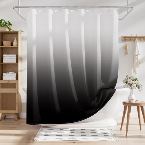 Vista 9 de AmazerBath Cortina de ducha, juego de cortina de tela ombre negra con 12 ganchos, cortina de ducha lavable de tela en negro y blanco, cortina