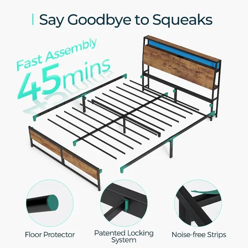 Vista 5 de LINSY Cama Queen con cabecera ergonómica, montaje rápido con luces y estación de carga, cama de plataforma de metal con almacenamiento, marrón