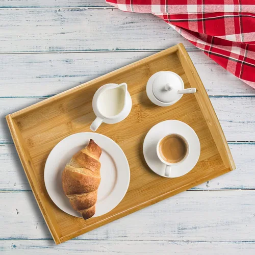 Vista 6 de Peohud Paquete de 4 bandejas de bambú para servir con asas, bandeja rectangular de comida de cocina para comer, bandejas de cena para comer