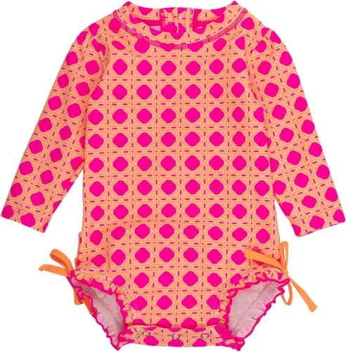 Vista 60 de RuffleButts - Traje de baño de una pieza con protección solar UPF 50+, camiseta de protección floral estampado, manga larga, con cierre zipper