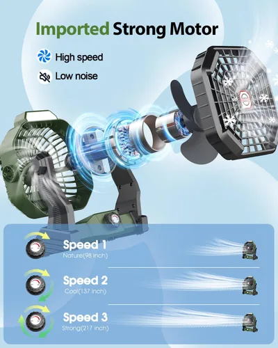Vista 3 de Ventilador recargable con energía solar, (30 horas de funcionamiento) ventiladores de camping solares y linterna LED, ventilador portátil de 8