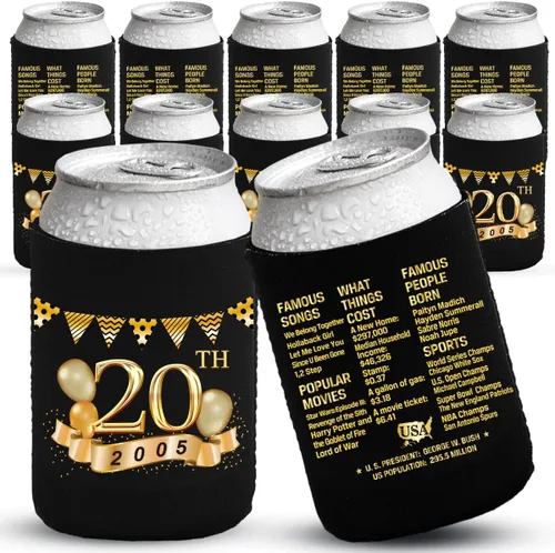 Vista 20 de Decoraciones de cumpleaños número 13, suministros y recuerdos de fiesta, fundas enfriadoras para latas de bebidas, paquete de 12, negro y dorado