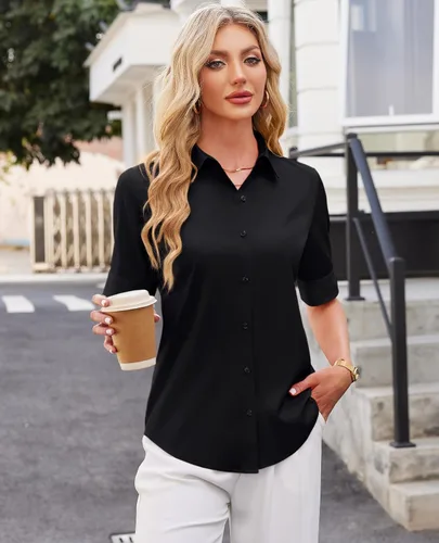 Vista 2 de Camisas con botones para mujer, ajustadas, de manga corta, con cuello, sin arrugas