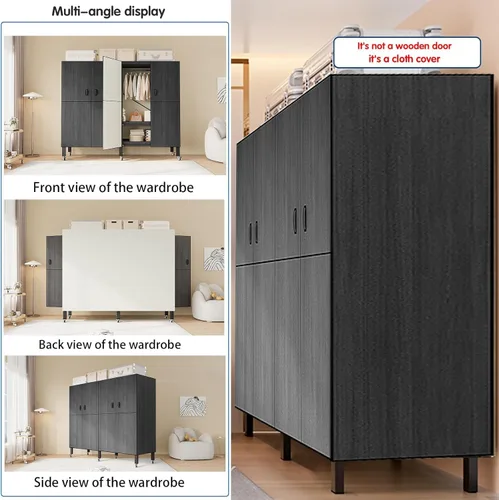 Vista 3 de Perchero cubierto resistente con puerta magnética, plegable, portátil, para colgar ropa, perchero de metal negro con ruedas (negro, 49.12 pulgadas)