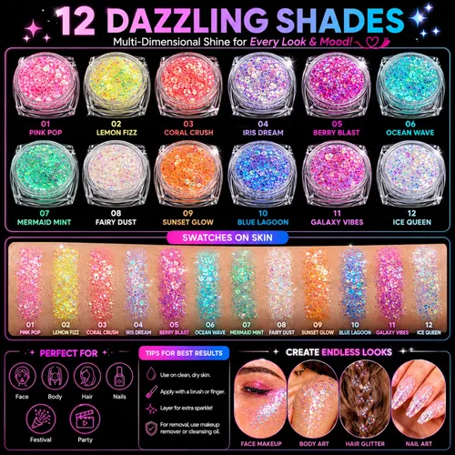 Vista 7 de 12 colores de gel con purpurina que brilla en la oscuridad, reactiva a la luz negra UV, para rostro y cuerpo, no necesita pegamento, grado cosmético