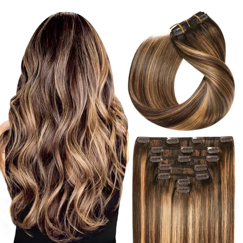 Vista 16 de SUYYA Extensiones de cabello humano real con pinzas, 7 piezas de extensiones de cabello humano Remy liso con clip, para mujer, doble trama, 12 #1