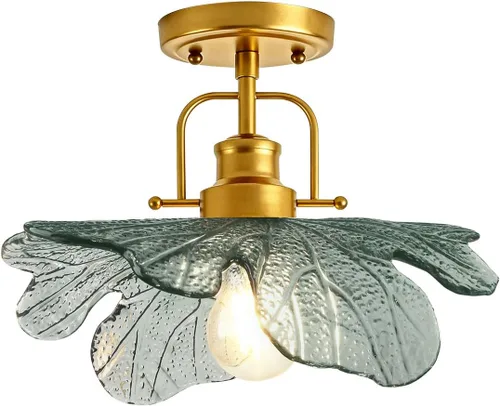 Vista 11 de Paquete de 2 lámparas de techo de cristal verde vintage, lámpara de techo semiempotrada, lámparas doradas para cerca del techo con pantalla