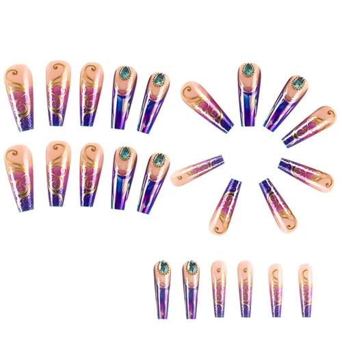 Vista 3 de Uñas postizas largas cuadradas de acrílico artificiales con punta francesa, diseño de mariposa dorada, diseño de mariposa dorada, uñas postizas