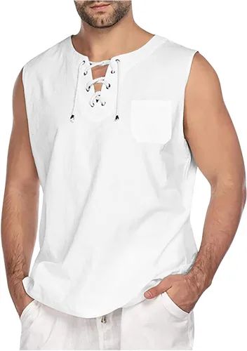 Vista 2 de Camiseta sin mangas de algodón y lino para hombre, ligera, con botones, ajuste sencillo