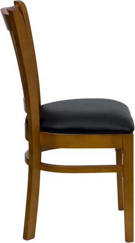 Vista 5 de EMMA + OLIVER Silla vertical de madera de cerezo con respaldo de listones, asiento negro del vinilo Asiento de vinilo negro/marco de madera de cerezo