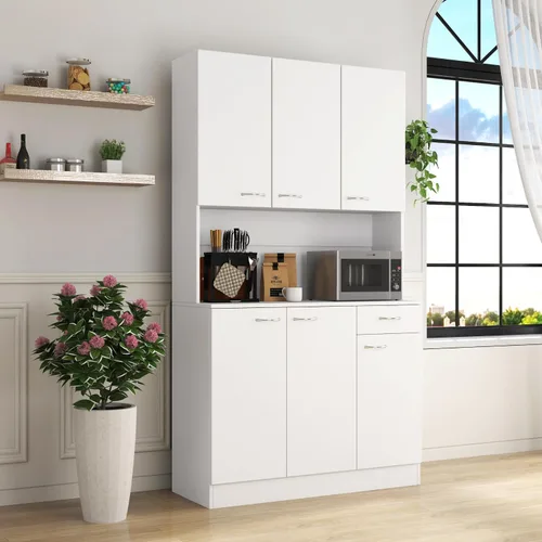 Vista 3 de 6-Door Tall Wardrobe & Kitchen Cabinet with Open Shelf and Drawer, White Design for Bedroom Use