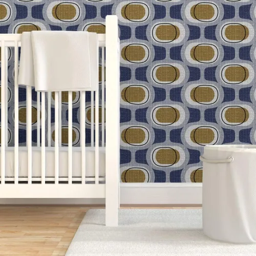 Vista 6 de Spoonflower Orbs Navy Brown Mid Peel and Stick Removable Wallpaper Sample 12" x 24" 1950S 1960S 1970S Retro Circles Artistic Self-adhesive