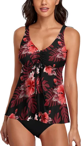 Vista 75 de Omichic Trajes de baño tankini para mujer, de dos piezas, blusa tipo tankini modesta con parte inferior de bikini Negro