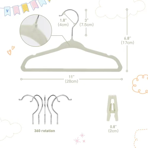 Vista 3 de Perchas de terciopelo para bebé con clips (paquete de 30) Perchas ultrafinas para ropa de bebé de 11 pulgadas Fieltro antideslizante Beige