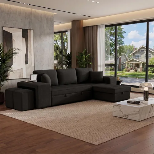 Vista 5 de Eafurn 104.5" Reversible Sleeper Sectional Sofa Bed, Tufted L Shaped Convertible Pull Out Sectional Sofa Bed with Storage Chaise Lounge and 2 Stools