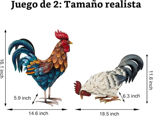Vista 2 de Shorayn Estatuas de gallo de metal, decoración de pollo de metal para jardín al aire libre, esculturas de jardín, adornos de pollo, arte de patio