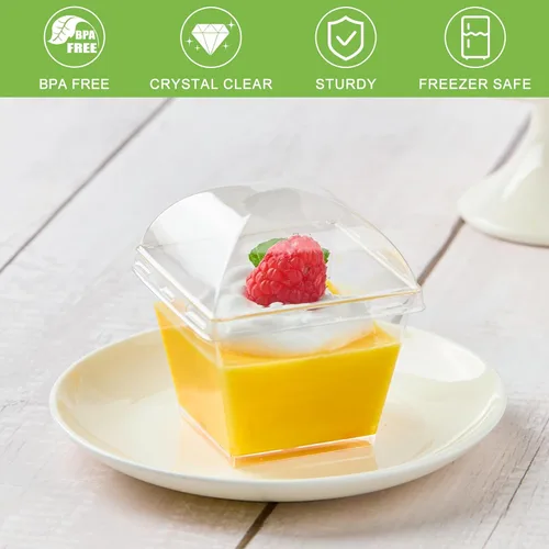 Vista 3 de Paquete de 50 Tazas Cuadradas de Postre de 4 oz con Tapas de Cúpula y Cucharas, Tazas de Pudín de Plástico con Tapas Mini Tazas de Parfait Shooter