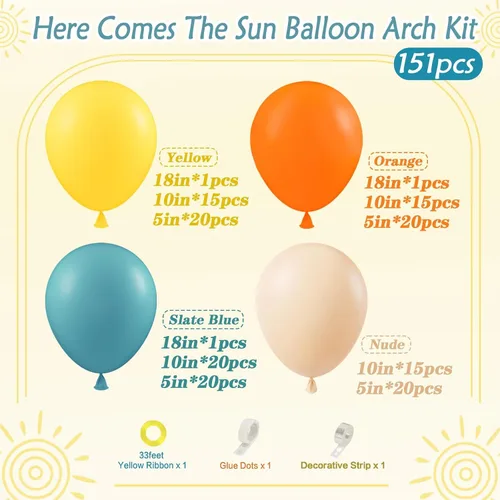 Vista 2 de Kit de arco de guirnalda de globos «Here Comes the Sun» de 151 piezas, estilo bohemio, retro, azul pizarra polvorienta, naranja quemado, naranja