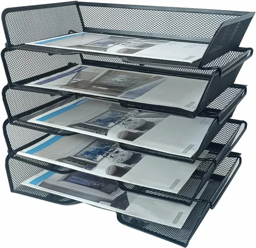 Vista 9 de Organizador de escritorio de malla metálica de 5 niveles, bandejas apilables para suministros de oficina, sistema de almacenamiento de archivos