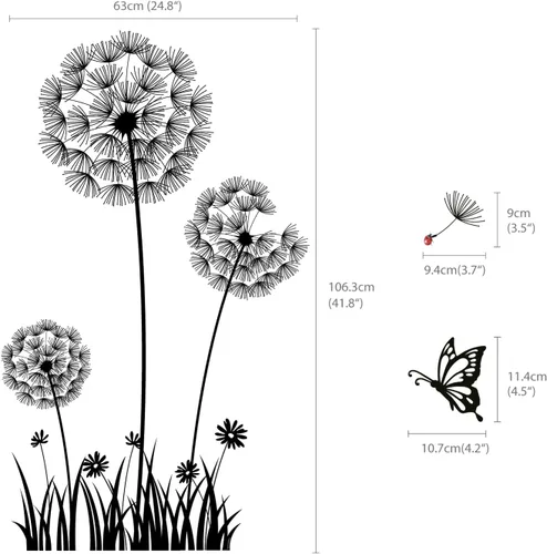 Vista 6 de BASHOM BS-105 Calcomanías de pared de diente de león negro flor voladora mariposas calcomanías para sala de estar, dormitorio, cuarto de bebé, baño