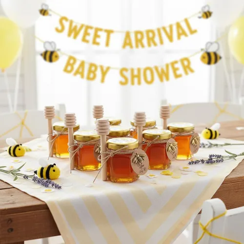 Vista 3 de Mini tarros de miel, 1.5 onzas de cristal hexagonal con goteros, abalorios de abeja, bolsas de regalo de organza y calcomanías, perfecto
