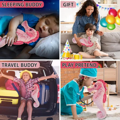 Vista 4 de DolliBu - Peluche de caballito de mar rosa, súper suave, lindo animal de peluche para niños y adultos, adorable juguete de regalo para niñas