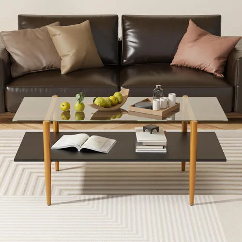 Vista 5 de Furnify Mesa de centro de cristal, mesa central rectangular para sala de estar con patas doradas, mesas decorativas modernas de mediados de siglo