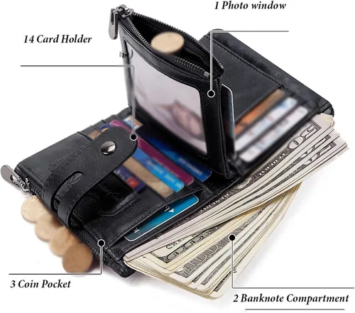 Vista 4 de TAUFE Men's Wallets, Cowhide Genuine Leather Men Wallet Coin Purse Mini Card Holder Chain Male Walet Pocket Chain