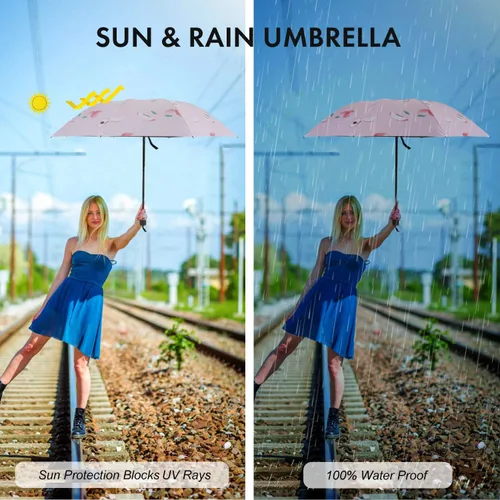 Vista 5 de Xiuying Feng Paraguas de viaje a prueba de viento ligero sol y lluvia paraguas para mujeres y hombres protección UV varios colores regalos