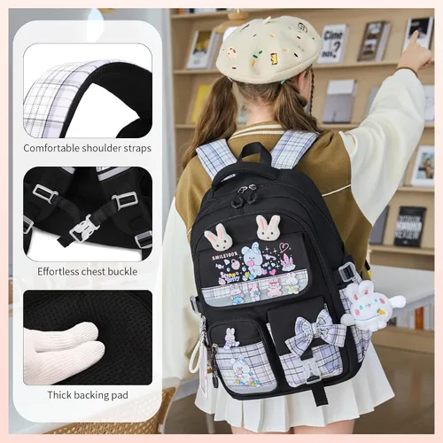 Vista 5 de Linda mochila para niñas, mochila escolar para niñas, mochila para niños y escuela primaria, Negro -, Grande, Mochila para niñas