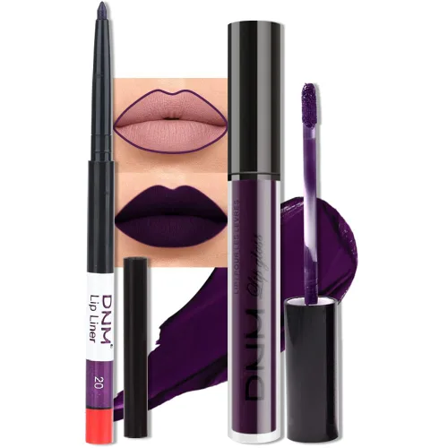 Vista 18 de evpct Juego de 2 lápices delineador de labios y lápiz labial líquido mate de 24 horas, color ciruela púrpura, maquillaje para mujer, lápiz labial