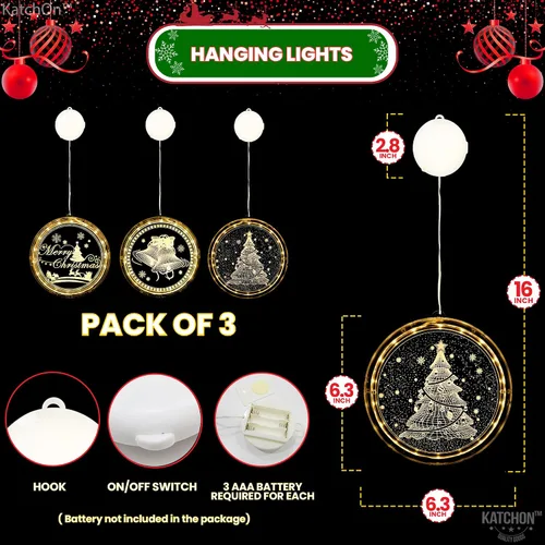 Vista 2 de KatchOn, Decoraciones navideñas iluminadas para ventanas de interiores, paquete de 3 unidades, Papá Noel, renos y árbol de Navidad para decoración