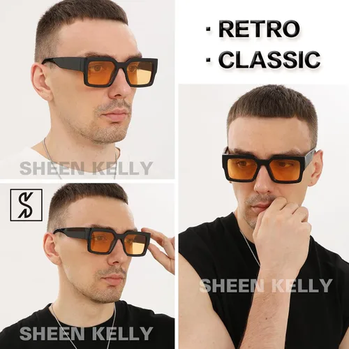 Vista 4 de SHEEN KELLY Lentes de sol cuadrados retro para hombres y mujeres, lentes de moda rectangulares tintados, a la moda, tonos negros de los años 90