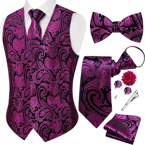 Vista 14 de DiBanGu Conjunto de chaleco de traje de cachemira y corbata preatada para Dorado y Negro