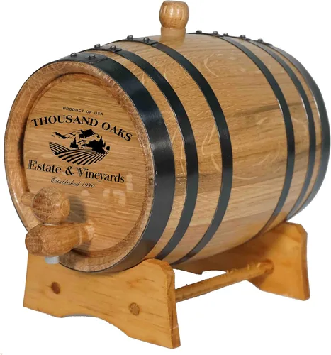 Vista 8 de Barril decorativo de roble bourbon de 2 litros con soporte de madera, Bung y espita – Barril de exhibición solo – Mini barril de whisky de 2 litros
