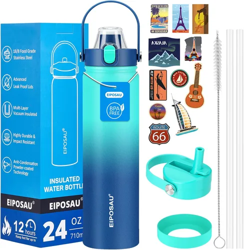 Vista 20 de Botella de agua aislada con tapa, bota y calcomanías, botella de acero inoxidable de 24 onzas, sin sudor, mantiene el frío las 24 horas, botella