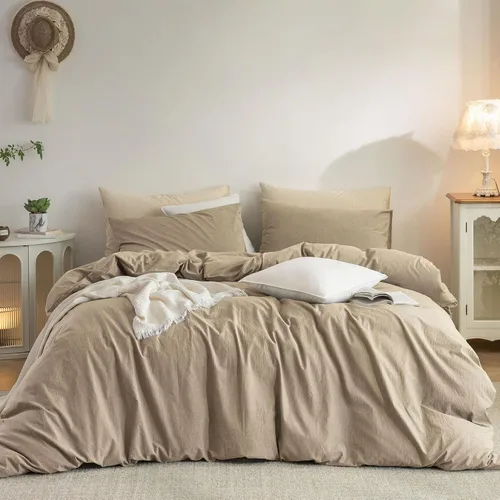 Vista 14 de Juego de funda de edredón 100% algodón lavado, tacto de lino Ropa de cama moderna transpirable ligera y suave para todas las estaciones
