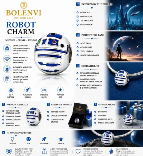 Vista 2 de Abalorio de robot, dije de plata de ley 925 esmaltado para droide compatible con pulseras y collares Pandora, joyería de ciencia ficción, regalo
