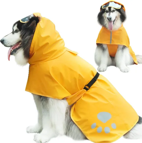 Vista 8 de Impermeable para perros con capucha, poncho deslizante – Chaqueta impermeable reflectante ligera para mascotas, impermeable con correa ajustable