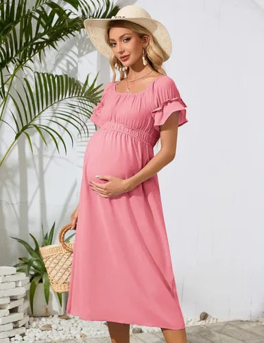 Vista 5 de KOJOOIN Vestido de maternidad de manga corta con hombros descubiertos para mujer, vestido de verano casual con volantes, vestido midi fluido